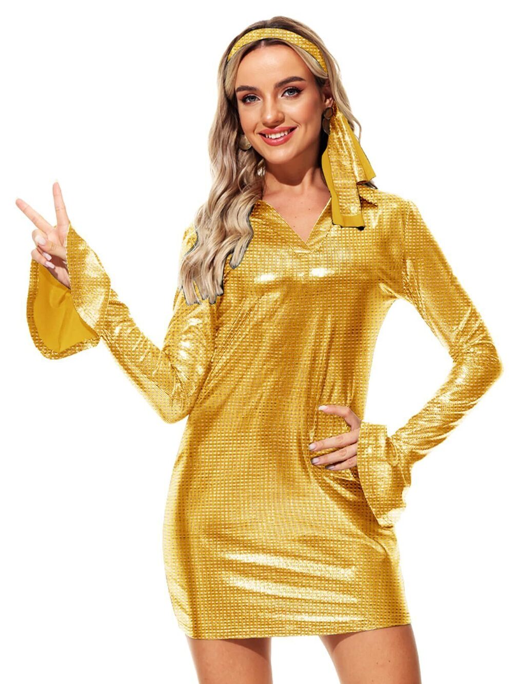 1063 70s Dress Shiny Disco Costume Halloween Bell Sleeve Groovy Hippie